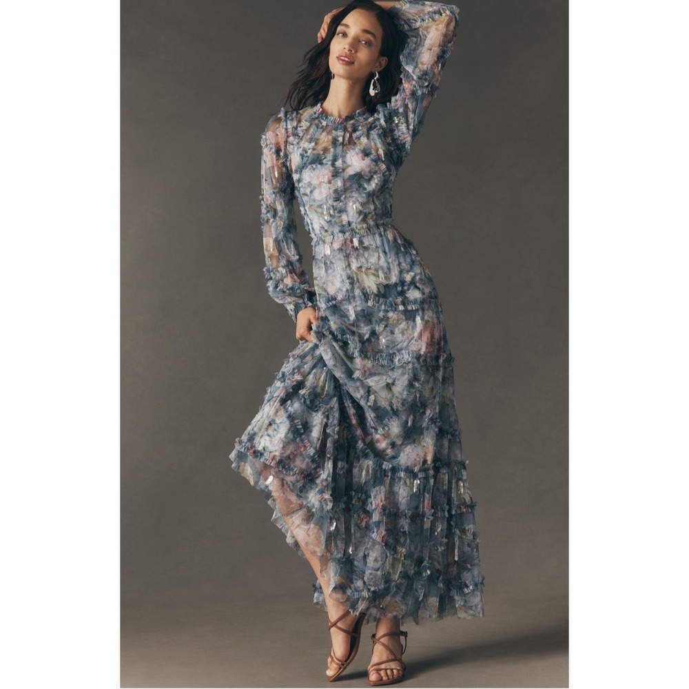 Mac Duggal Anthropologie Floral Chiffon Tiered Ruffle Maxi Dress Long Sleeve 18
